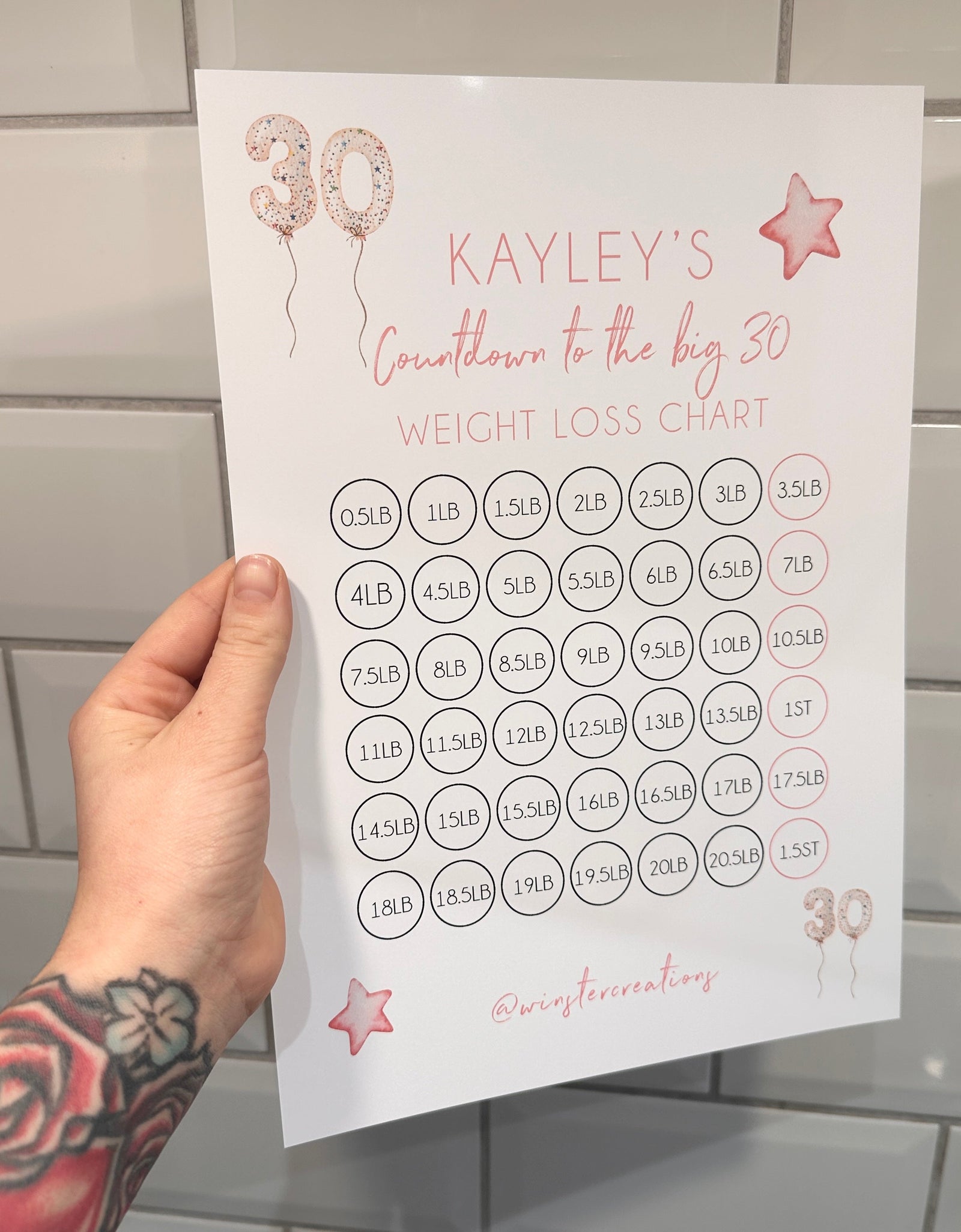 Personalised Name Countdown To Any Birthday Balloons A4 Weight Loss Diet Slimming Chart Tracker Print - st. lb Units - Laminated With Stars by WinsterCreations™ Official Store