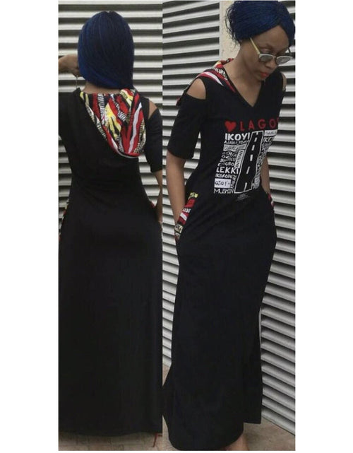 Load image into Gallery viewer, MAXI LOVE LAGOS HOODED DRESS, ANKARA DETAIL by KIKIKAMANUInc
