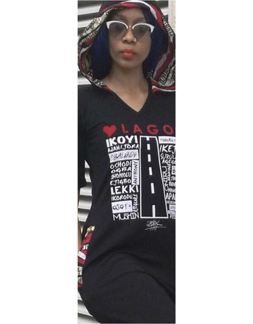 Load image into Gallery viewer, MAXI LOVE LAGOS HOODED DRESS, ANKARA DETAIL by KIKIKAMANUInc
