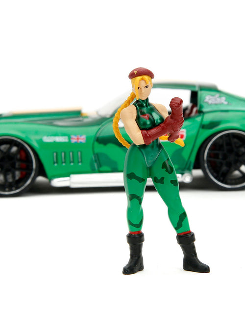 Load image into Gallery viewer, 1969 Chevrolet Corvette Stingray ZL1 Green Metallic with Yellow Stripes and Cammy Diecast Figure "Street Fighter" Video Game "Anime Hollywood Rides" Series 1/24 Diecast Model Car by Jada
