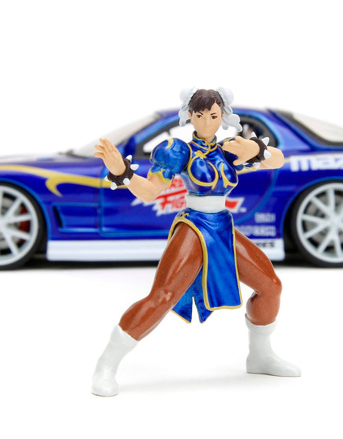 Load image into Gallery viewer, 1993 Mazda RX-7 Candy Blue Metallic with Graphics and Chun-Li Diecast Figure "Street Fighter" Video Game "Anime Hollywood Rides" Series 1/24 Diecast Model Car by Jada
