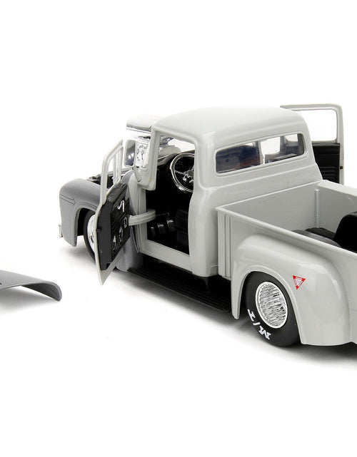 Load image into Gallery viewer, 1956 Ford F-100 Pickup Truck Tan and Gray Metallic and Guile Diecast Figure "Street Fighter" Video Game "Anime Hollywood Rides" Series 1/24 Diecast Model Car by Jada
