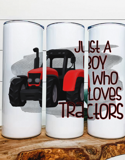 Load image into Gallery viewer, Just A Boy Who Loves Tractors|Skinny Tumbler|Optional Bluetooth Speaker| Speaker Color Varies by Rowdy Ridge Co
