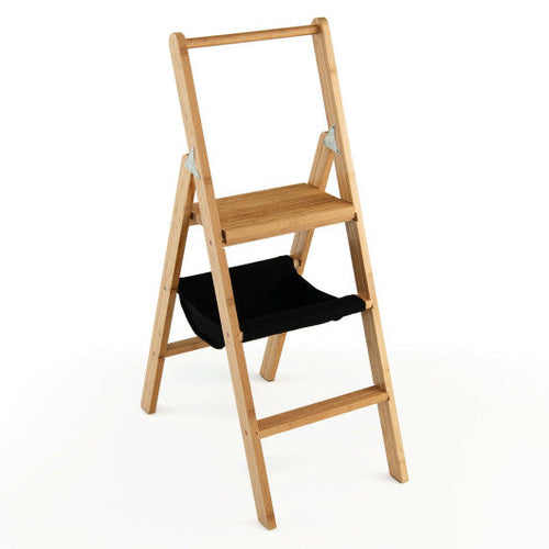 Load image into Gallery viewer, 3 Step Foldable Bamboo Step Ladder Stool with Tool Storage Bag-Natural
