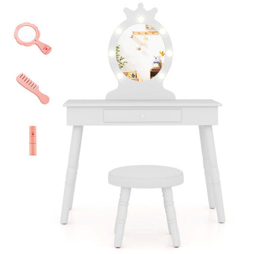 Load image into Gallery viewer, Kids Vanity Set with Lighted Mirror with Adjustable Brightness and Large Drawer-White
