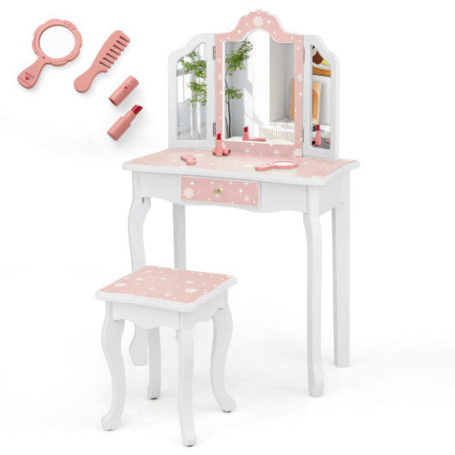 Load image into Gallery viewer, Princess Pretend Play Makeup Table and Stool Set with Tri-folding Mirror-Pink
