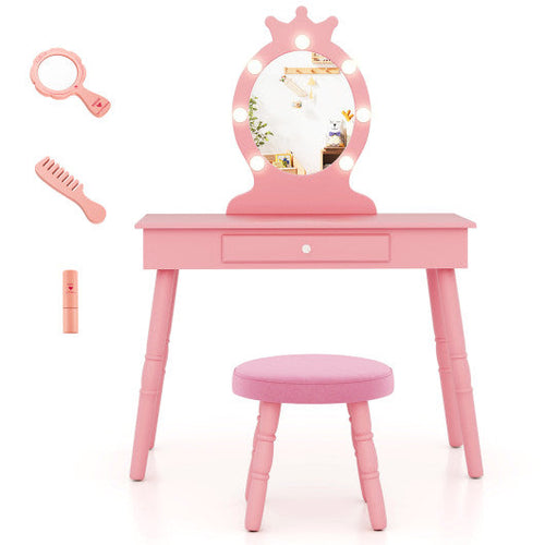 Load image into Gallery viewer, Kids Vanity Set with Lighted Mirror with Adjustable Brightness and Large Drawer-Pink
