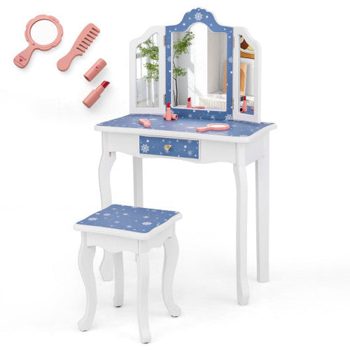 Load image into Gallery viewer, Princess Pretend Play Makeup Table and Stool Set with Tri-folding Mirror-Blue
