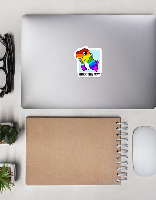 Load image into Gallery viewer, Born This Way LGBT Pride Cartoon Dinosaur Bubble-free stickers by Proud Libertarian
