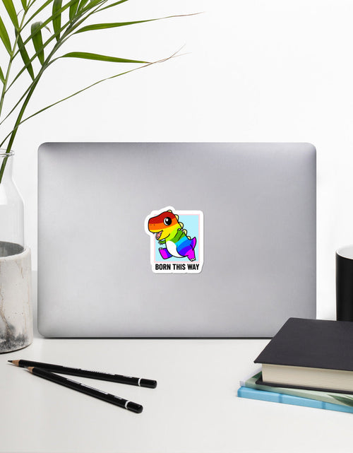 Load image into Gallery viewer, Born This Way LGBT Pride Cartoon Dinosaur Bubble-free stickers by Proud Libertarian
