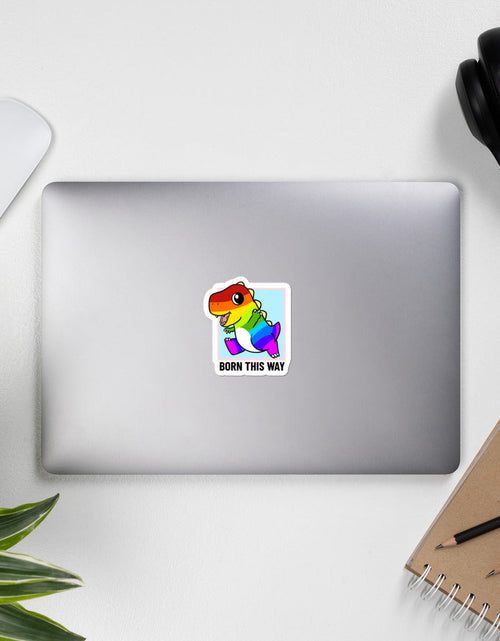 Load image into Gallery viewer, Born This Way LGBT Pride Cartoon Dinosaur Bubble-free stickers by Proud Libertarian
