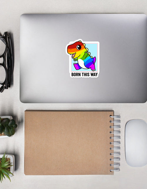 Load image into Gallery viewer, Born This Way LGBT Pride Cartoon Dinosaur Bubble-free stickers by Proud Libertarian
