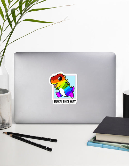Load image into Gallery viewer, Born This Way LGBT Pride Cartoon Dinosaur Bubble-free stickers by Proud Libertarian

