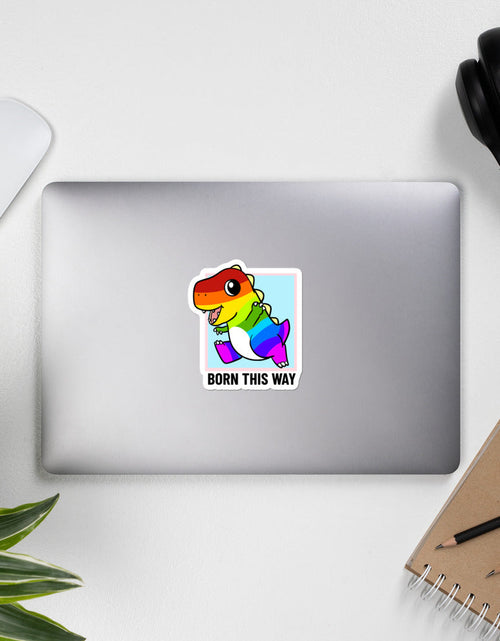 Load image into Gallery viewer, Born This Way LGBT Pride Cartoon Dinosaur Bubble-free stickers by Proud Libertarian
