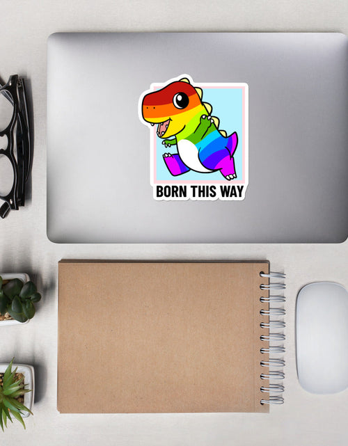 Load image into Gallery viewer, Born This Way LGBT Pride Cartoon Dinosaur Bubble-free stickers by Proud Libertarian
