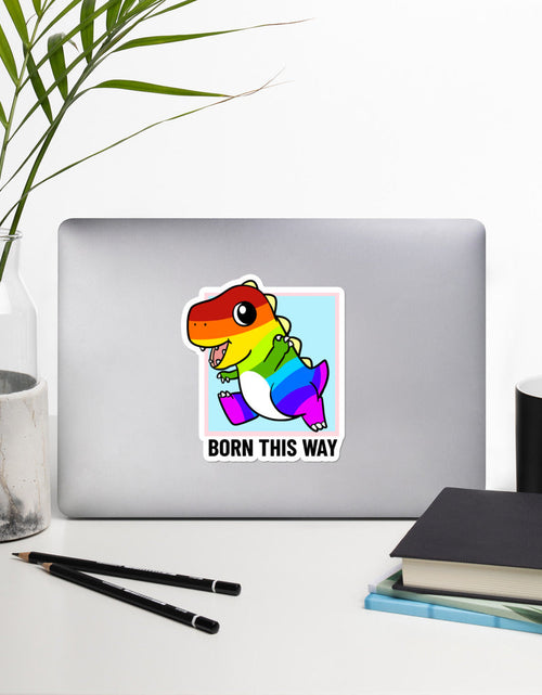 Load image into Gallery viewer, Born This Way LGBT Pride Cartoon Dinosaur Bubble-free stickers by Proud Libertarian
