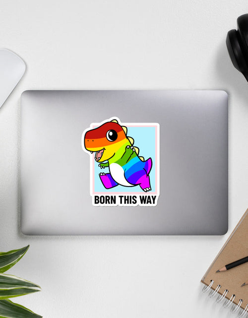 Load image into Gallery viewer, Born This Way LGBT Pride Cartoon Dinosaur Bubble-free stickers by Proud Libertarian
