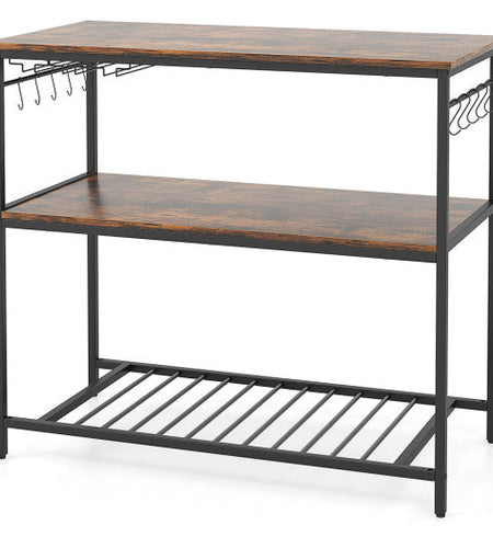 3 Shelves Kitchen Island Industrial Prep Table with Bottom Wine Rack-Rustic Brown