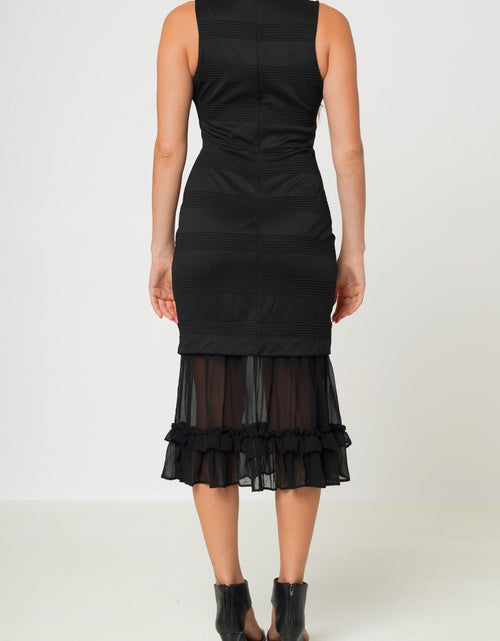 Load image into Gallery viewer, Sleeveless V-neck Sheer Ruffle Hem Bodycon Dress In Black by Shop at Konus
