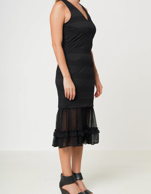Load image into Gallery viewer, Sleeveless V-neck Sheer Ruffle Hem Bodycon Dress In Black by Shop at Konus
