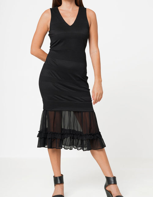 Load image into Gallery viewer, Sleeveless V-neck Sheer Ruffle Hem Bodycon Dress In Black by Shop at Konus
