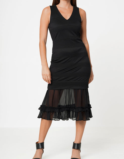 Load image into Gallery viewer, Sleeveless V-neck Sheer Ruffle Hem Bodycon Dress In Black by Shop at Konus
