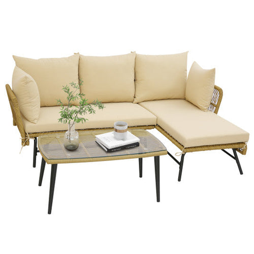 Load image into Gallery viewer, 3 Pieces L-Shaped Patio Sofa with Cushions and Tempered Glass Table-Beige
