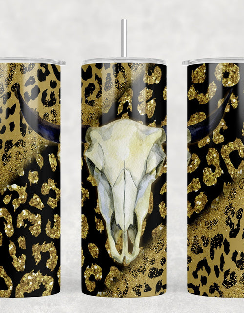 Load image into Gallery viewer, Leopard Print Bull Skull - 20 oz Steel Skinny Tumbler - Optional Blue Tooth Speaker - Speaker Color will Vary by Rowdy Ridge Co
