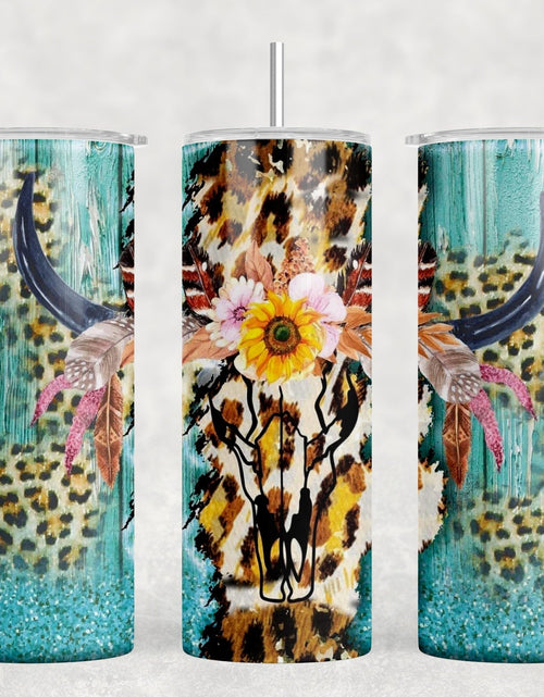 Load image into Gallery viewer, Leopard Print Bull Skull|Skinny Tumbler|Optional Bluetooth Speaker| Speaker Color Varies by Rowdy Ridge Co
