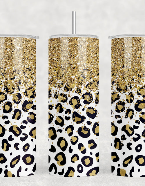 Load image into Gallery viewer, Leopard Print faux glitter - 20 oz Steel Skinny Tumbler - Optional Blue Tooth Speaker - Speaker Color will Vary by Rowdy Ridge Co
