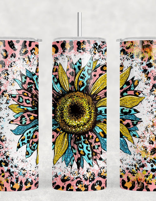 Load image into Gallery viewer, Leopard Print Sunflower - 20 oz Steel Skinny Tumbler - Optional Blue Tooth Speaker - Speaker Color will Vary by Rowdy Ridge Co
