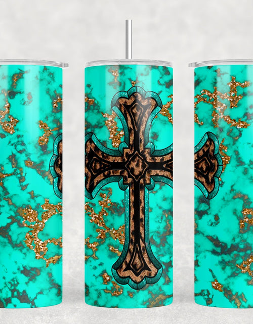 Load image into Gallery viewer, Leopard Print Turquoise Cross  - 20 oz Steel Skinny Tumbler - Optional Blue Tooth Speaker - Speaker Color will Vary by Rowdy Ridge Co
