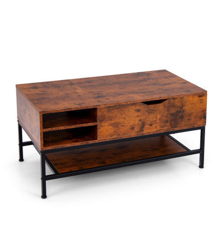 Lift Top Coffee Table with Hidden Compartment and Removable Storage Shelf-Rustic Brown