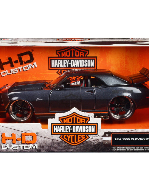 Load image into Gallery viewer, 1968 Chevrolet Camaro Z/28 Dark Gray Metallic with Black and Orange Stripes "Harley Davidson" "H-D Custom" 1/24 Diecast Model Car by Maisto

