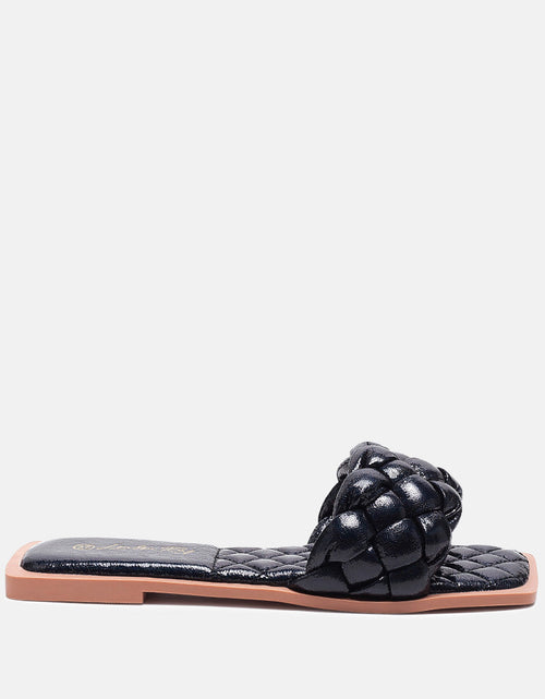 Load image into Gallery viewer, marcue patent pu quilted slides in woven straps by London Rag
