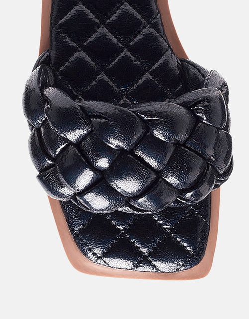 Load image into Gallery viewer, marcue patent pu quilted slides in woven straps by London Rag
