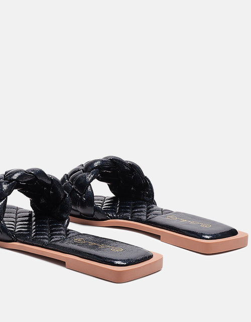 Load image into Gallery viewer, marcue patent pu quilted slides in woven straps by London Rag
