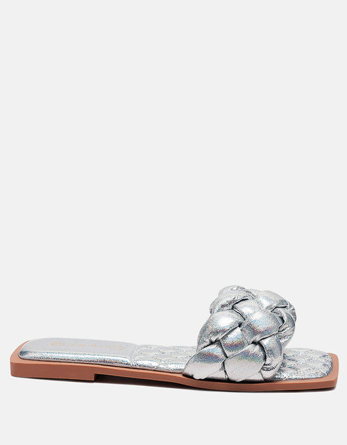 Load image into Gallery viewer, marcue patent pu quilted slides in woven straps by London Rag
