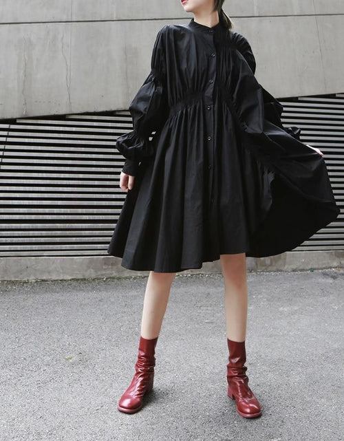 Load image into Gallery viewer, Hotaru Long Sleeve Pleated Shirt Dress - Black by Marigold Shadows
