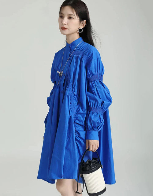 Load image into Gallery viewer, Hotaru Long Sleeve Pleated Shirt Dress - Blue by Marigold Shadows
