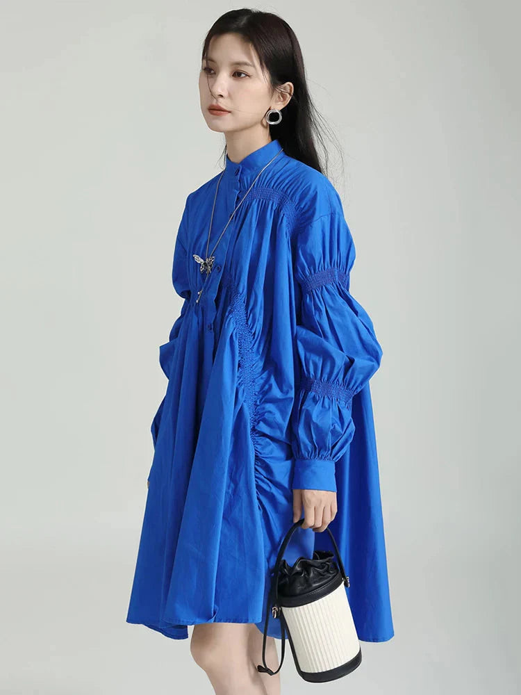 Hotaru Long Sleeve Pleated Shirt Dress - Blue by Marigold Shadows