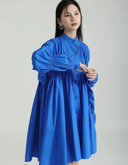 Load image into Gallery viewer, Hotaru Long Sleeve Pleated Shirt Dress - Blue by Marigold Shadows
