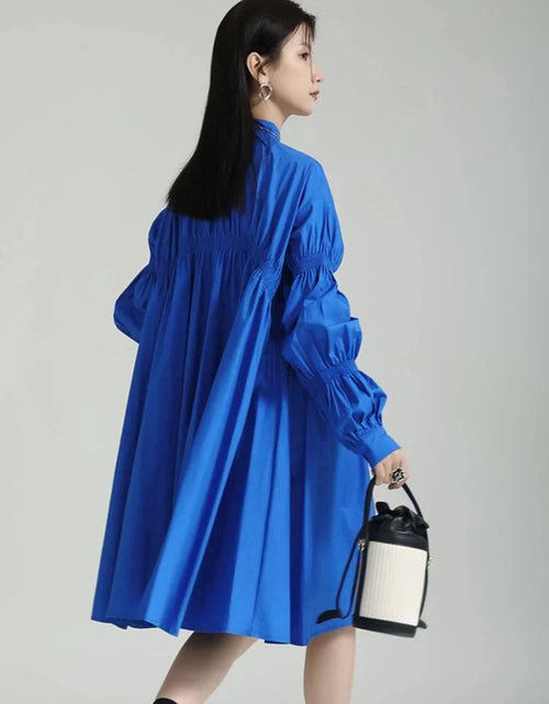 Load image into Gallery viewer, Hotaru Long Sleeve Pleated Shirt Dress - Blue by Marigold Shadows
