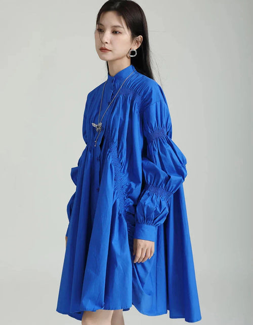 Load image into Gallery viewer, Hotaru Long Sleeve Pleated Shirt Dress - Blue by Marigold Shadows

