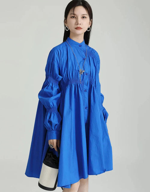 Load image into Gallery viewer, Hotaru Long Sleeve Pleated Shirt Dress - Blue by Marigold Shadows
