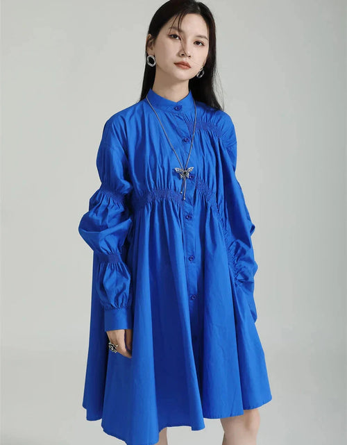 Load image into Gallery viewer, Hotaru Long Sleeve Pleated Shirt Dress - Blue by Marigold Shadows
