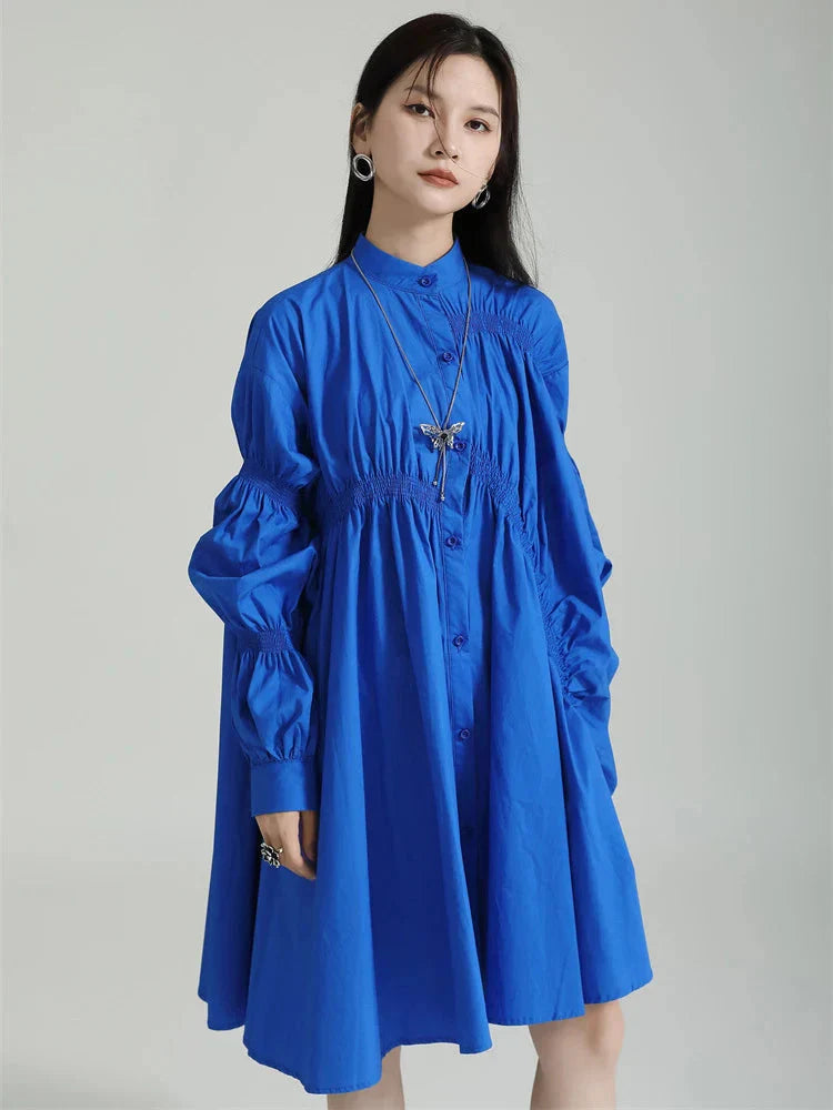 Hotaru Long Sleeve Pleated Shirt Dress - Blue by Marigold Shadows