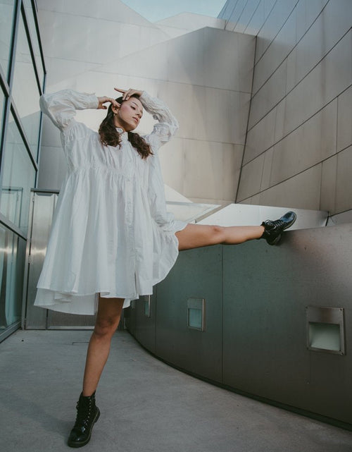 Load image into Gallery viewer, Hotaru Long Sleeve Pleated Shirt Dress - White by Marigold Shadows
