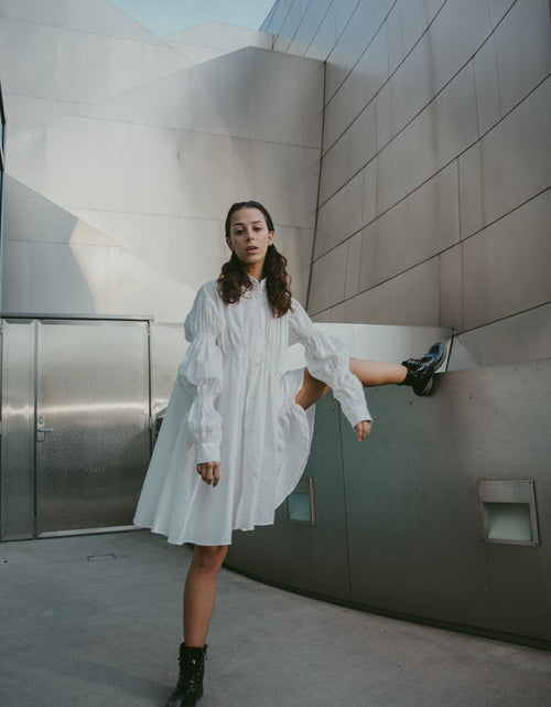 Load image into Gallery viewer, Hotaru Long Sleeve Pleated Shirt Dress - White by Marigold Shadows

