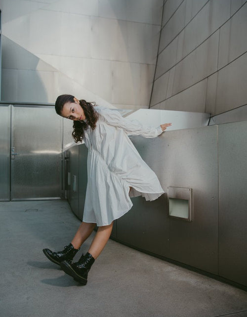 Load image into Gallery viewer, Hotaru Long Sleeve Pleated Shirt Dress - White by Marigold Shadows
